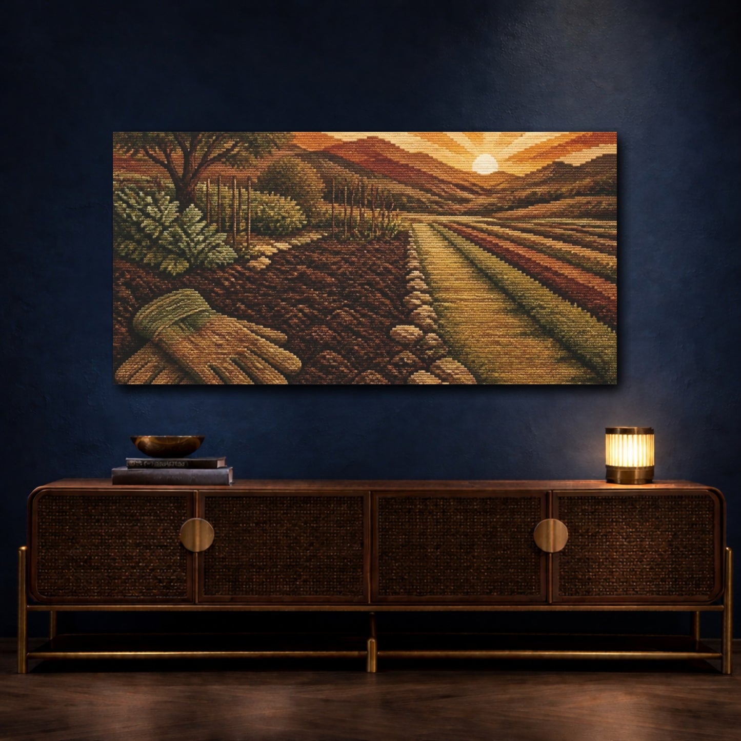 Mockup 4. Sunset Farmland With Gloves shown as canvas print