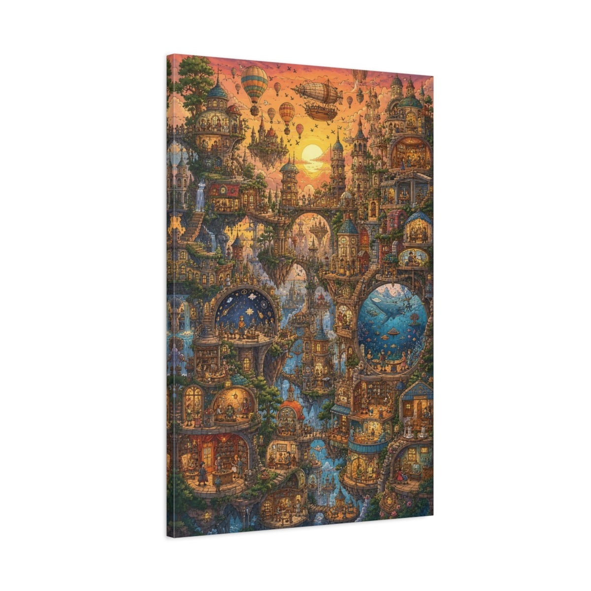 Main Mockup. Sunset Floating City shown as canvas print
