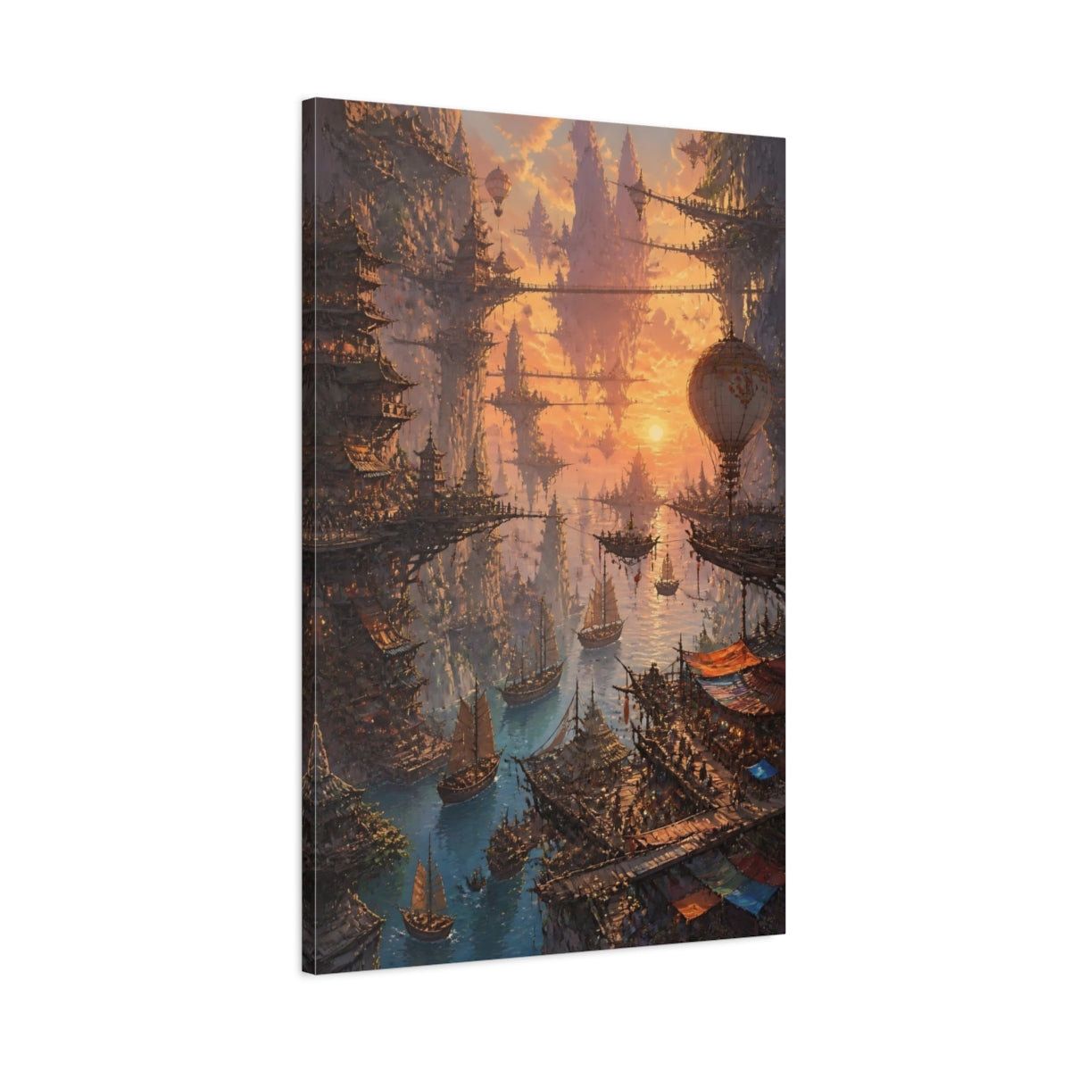 Main Mockup. Sunset Floating City shown as canvas print