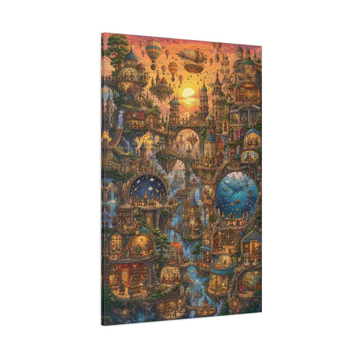Side Mockup 1. Sunset Floating City shown as canvas print