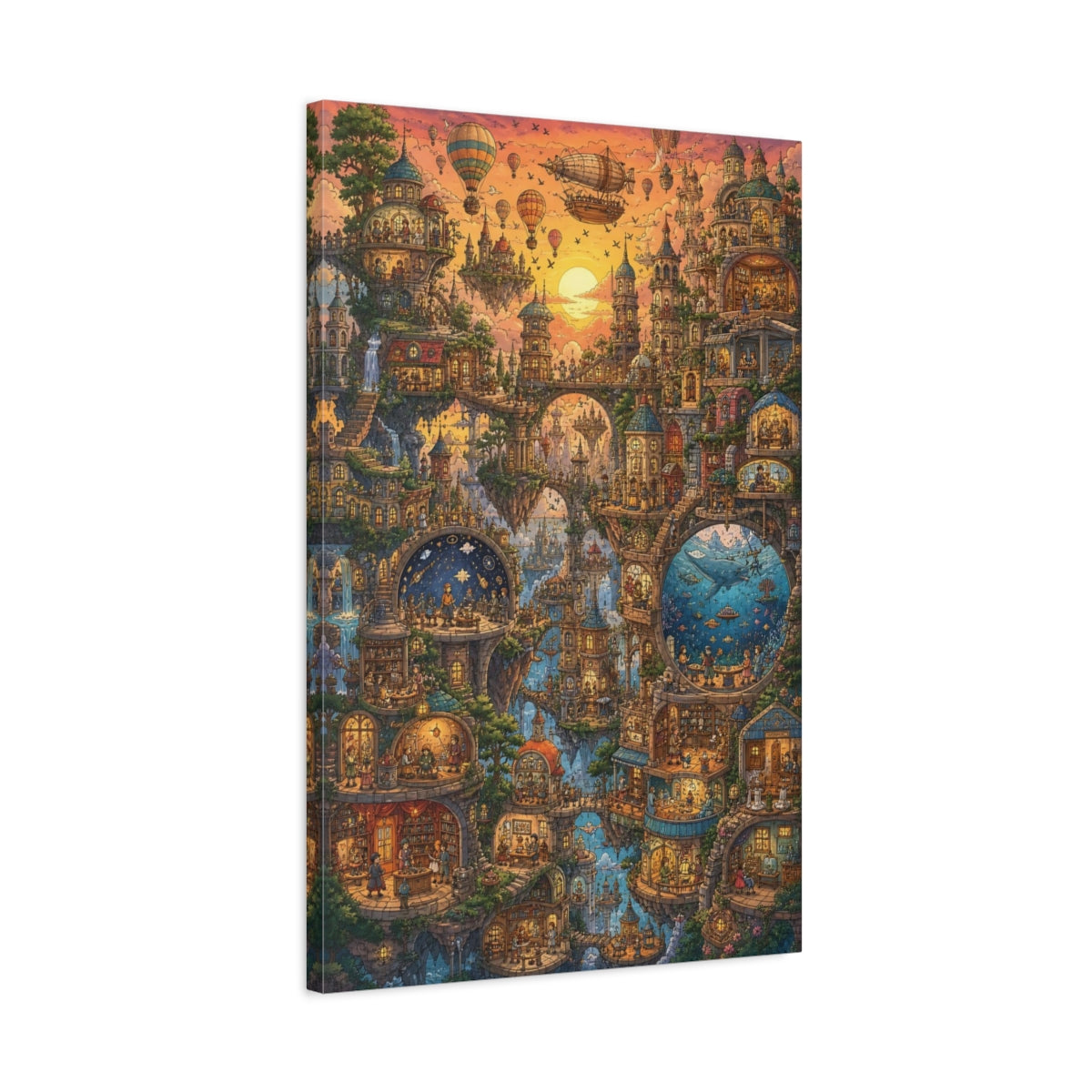 Side Mockup 2. Sunset Floating City shown as canvas print