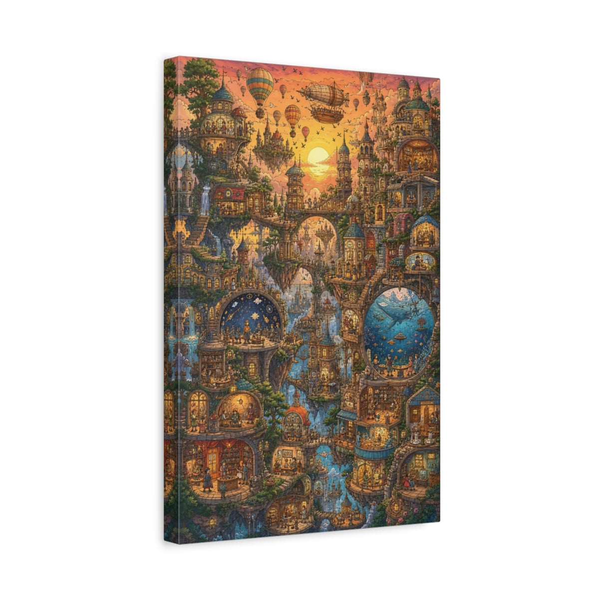 Side Mockup 4. Sunset Floating City shown as canvas print