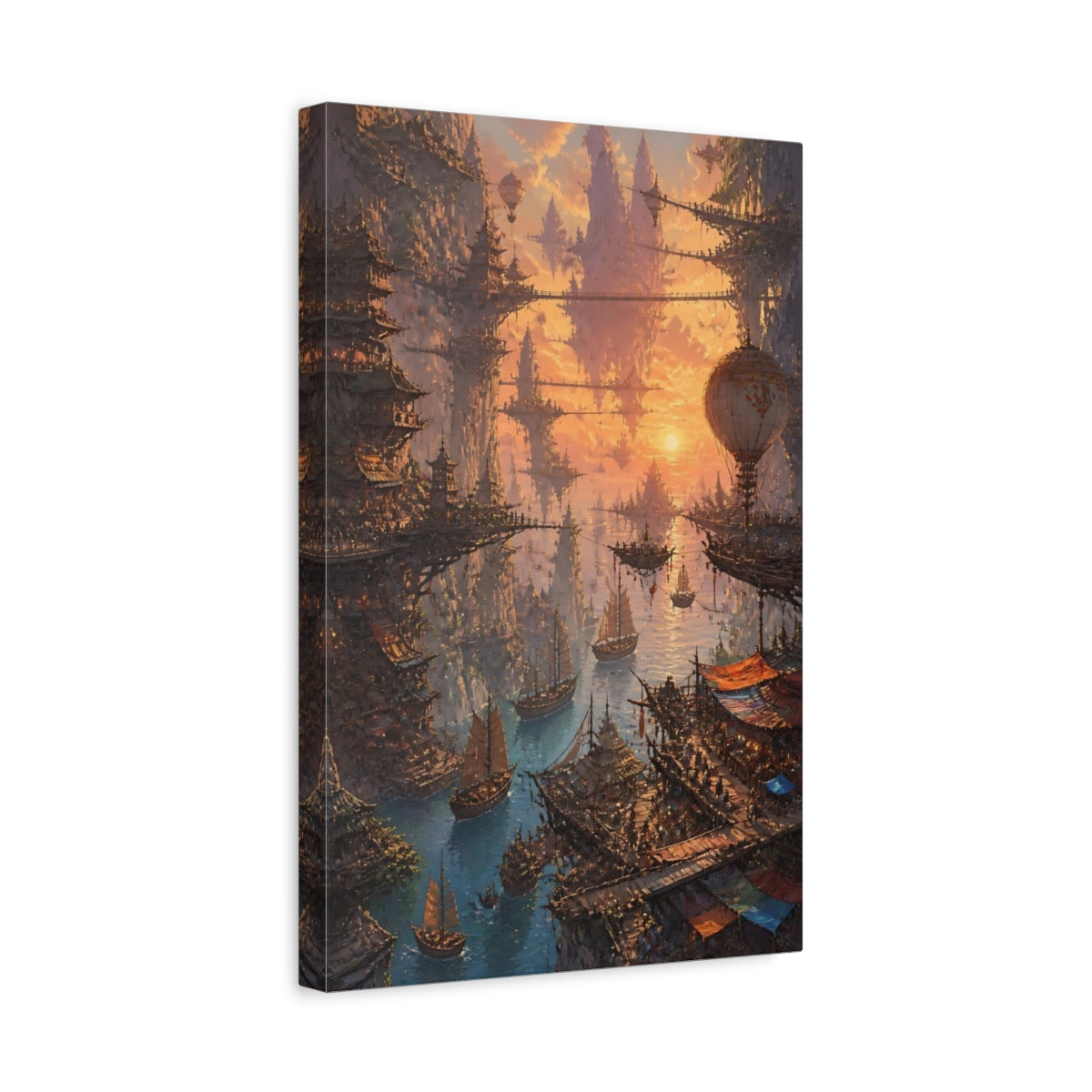 Side Mockup 4. Sunset Floating City shown as canvas print