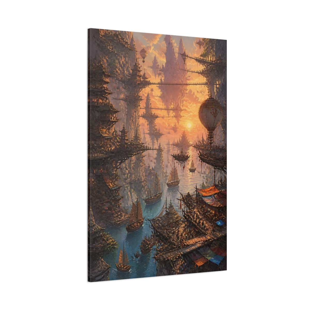 Side Mockup 1. Sunset Floating City shown as canvas print