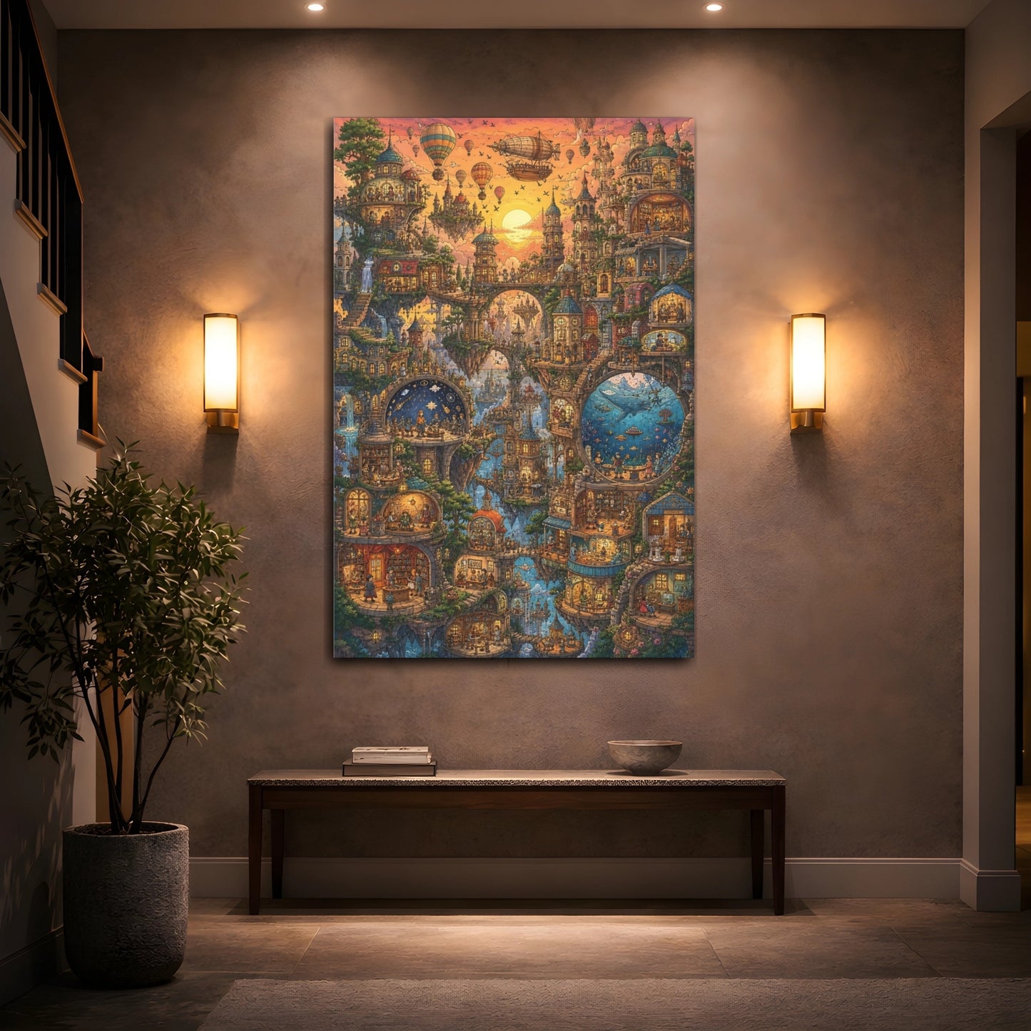 Mockup 2. Sunset Floating City shown as canvas print
