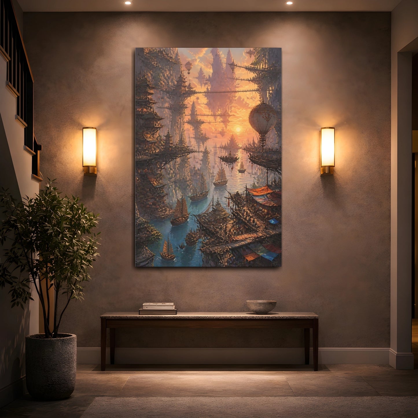 Mockup 2. Sunset Floating City shown as canvas print