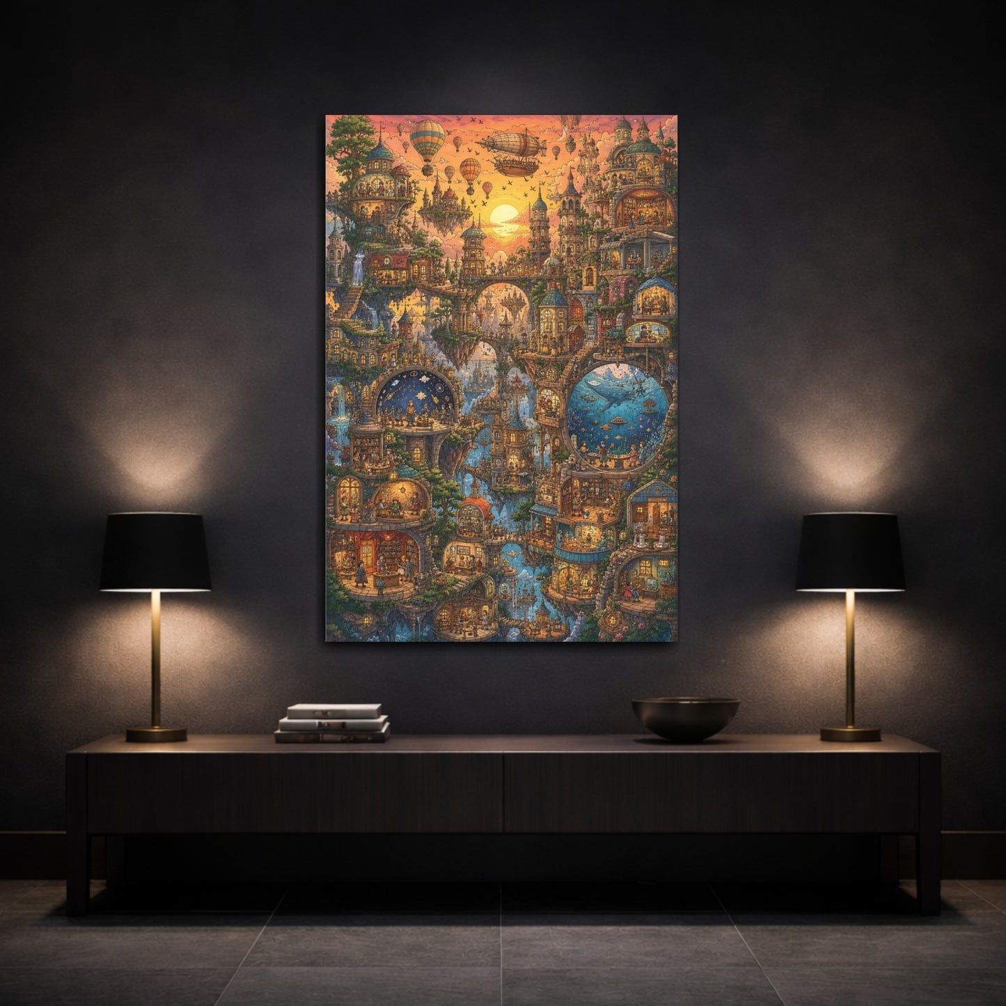 Mockup 3. Sunset Floating City shown as canvas print