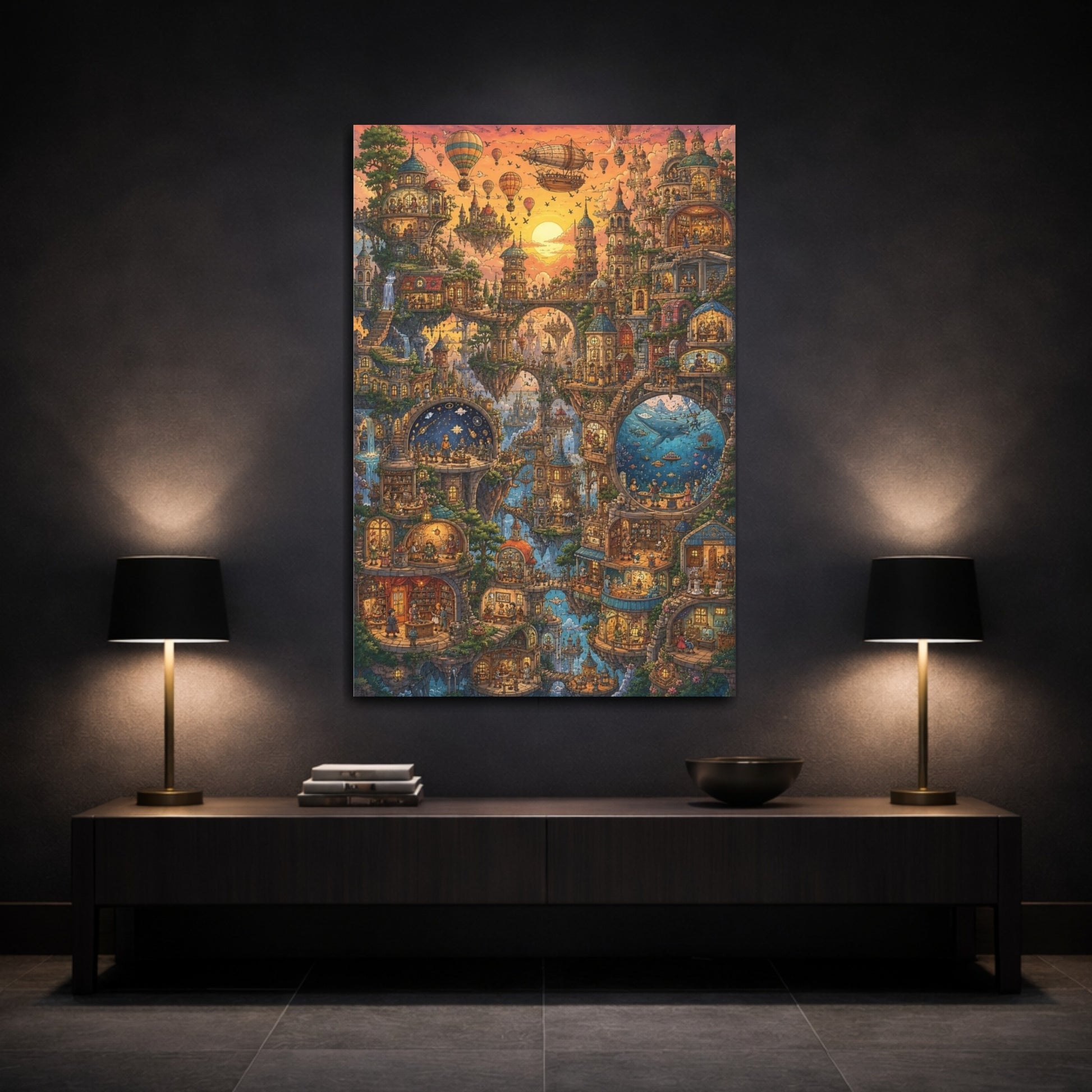 Mockup 3. Sunset Floating City shown as canvas print