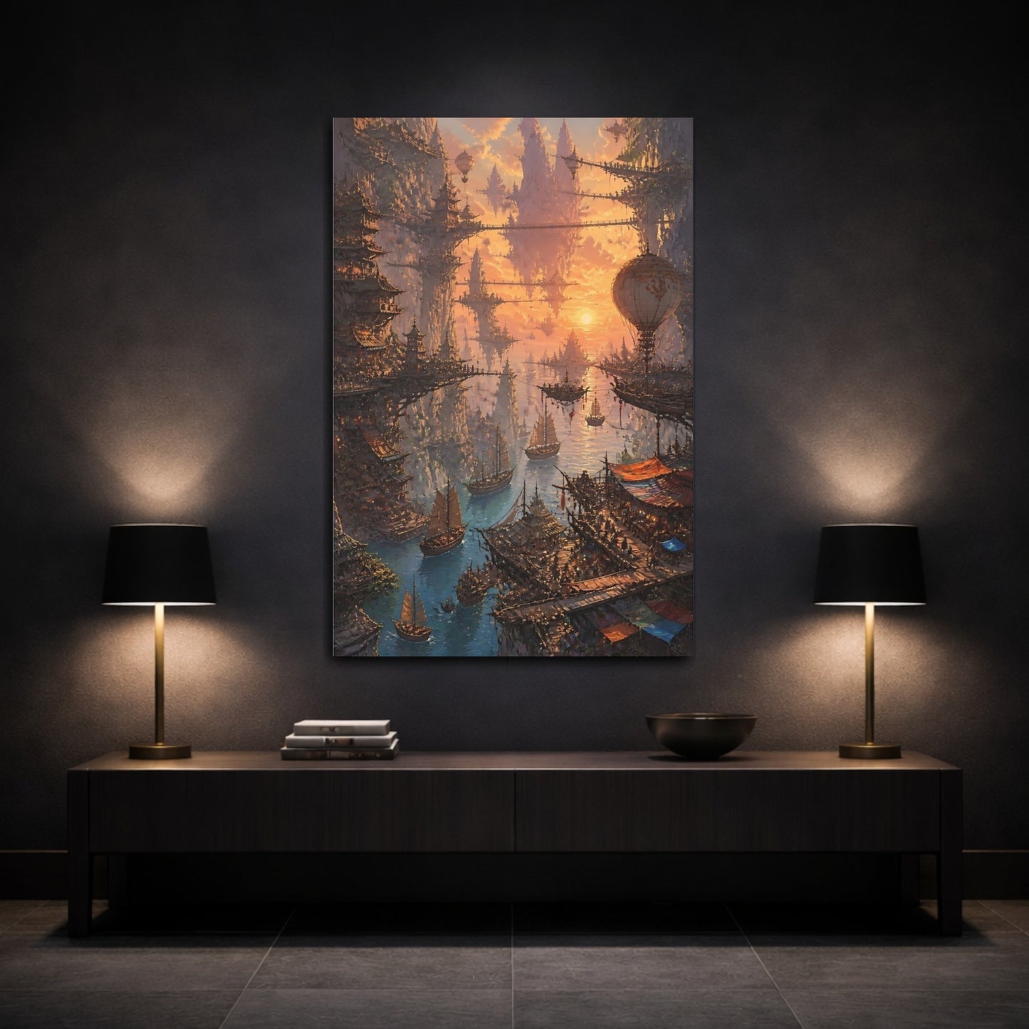 Mockup 3. Sunset Floating City shown as canvas print