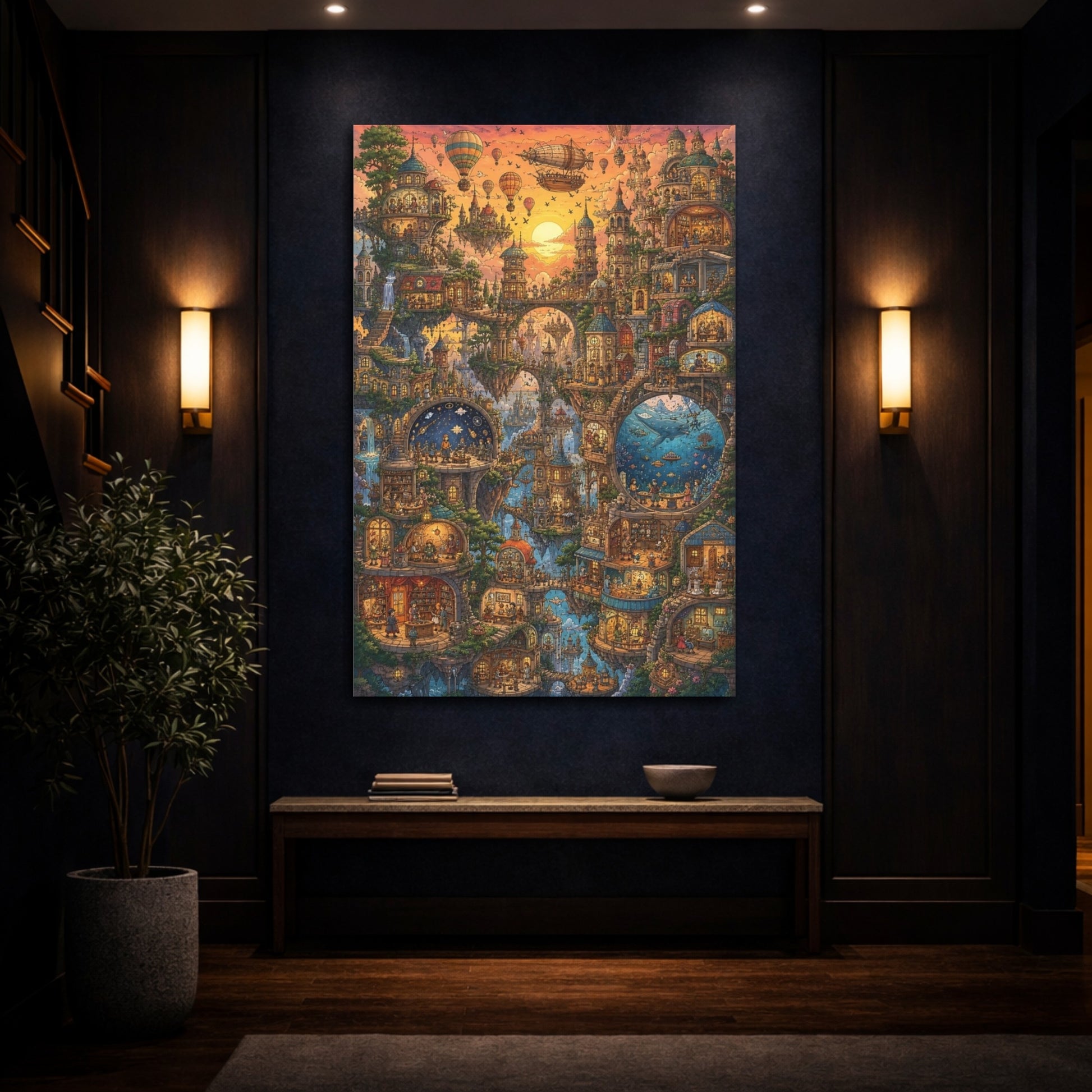 Mockup 4. Sunset Floating City shown as canvas print