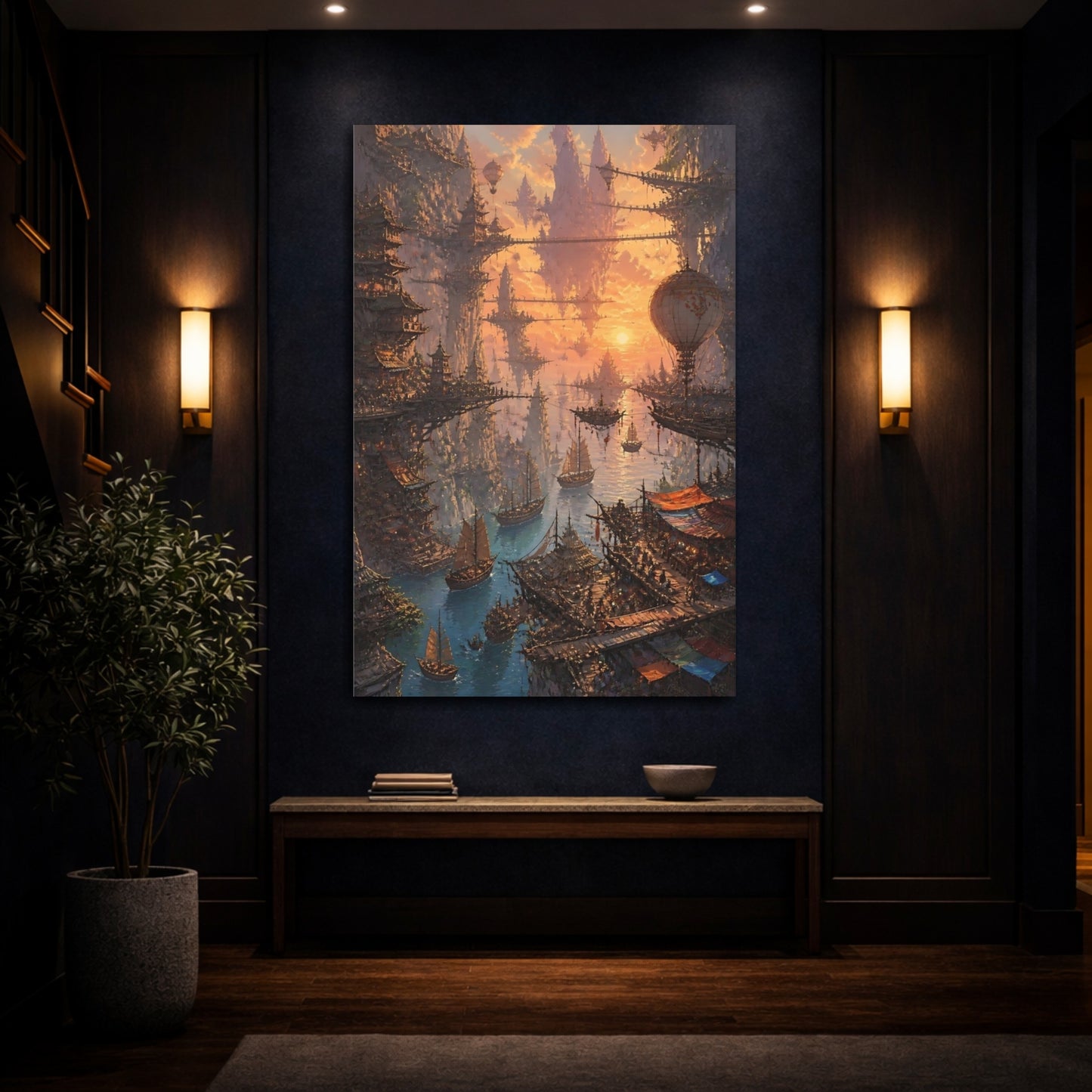 Mockup 4. Sunset Floating City shown as canvas print
