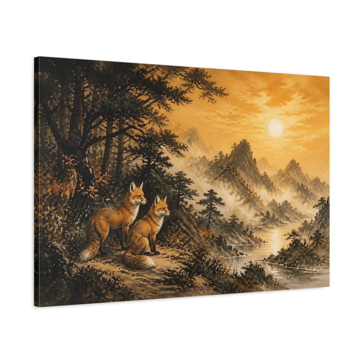 Main Mockup. Sunset Foxes On Ridge shown as canvas print