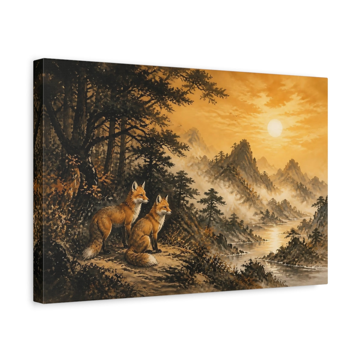 Side Mockup 4. Sunset Foxes On Ridge shown as canvas print