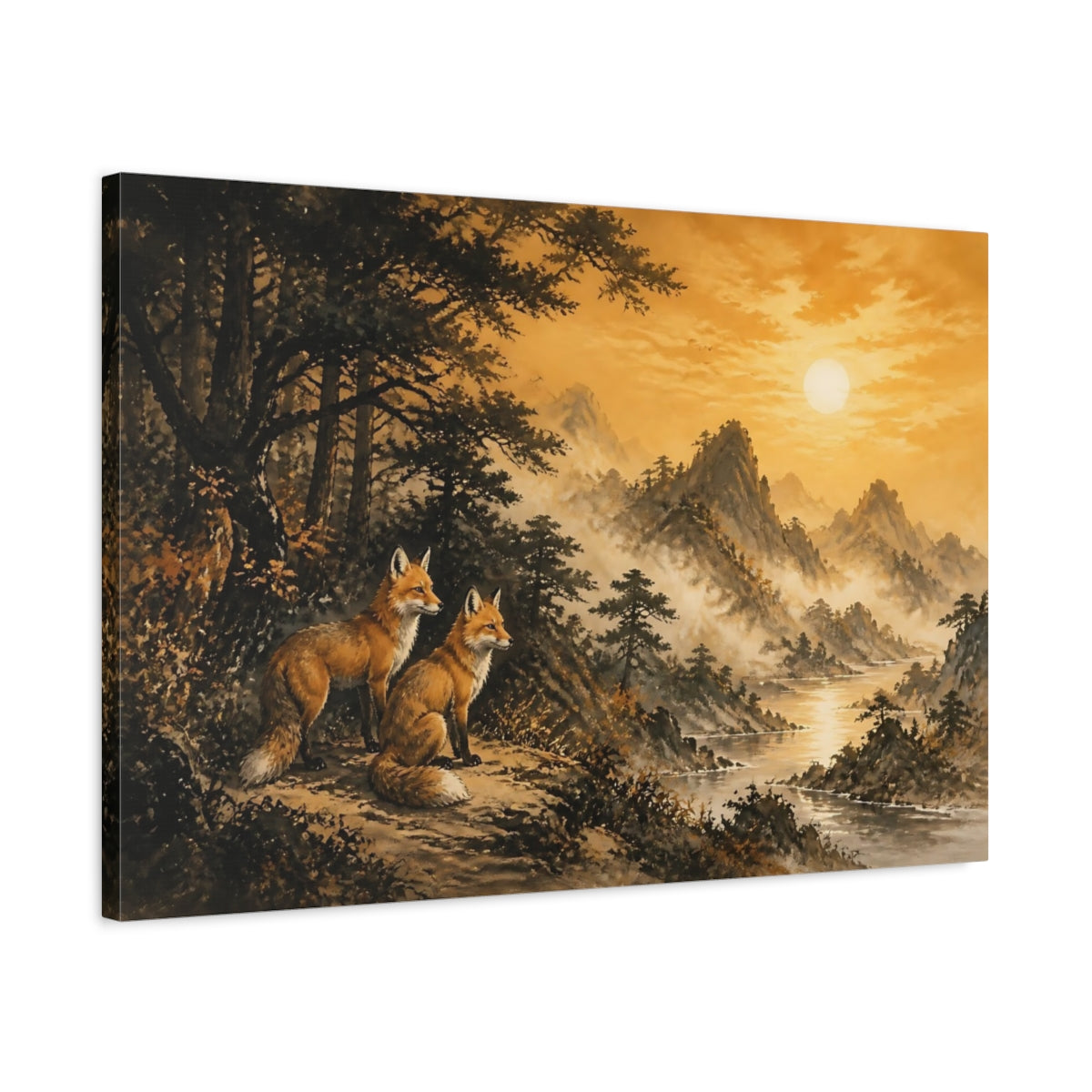 Side Mockup 2. Sunset Foxes On Ridge shown as canvas print