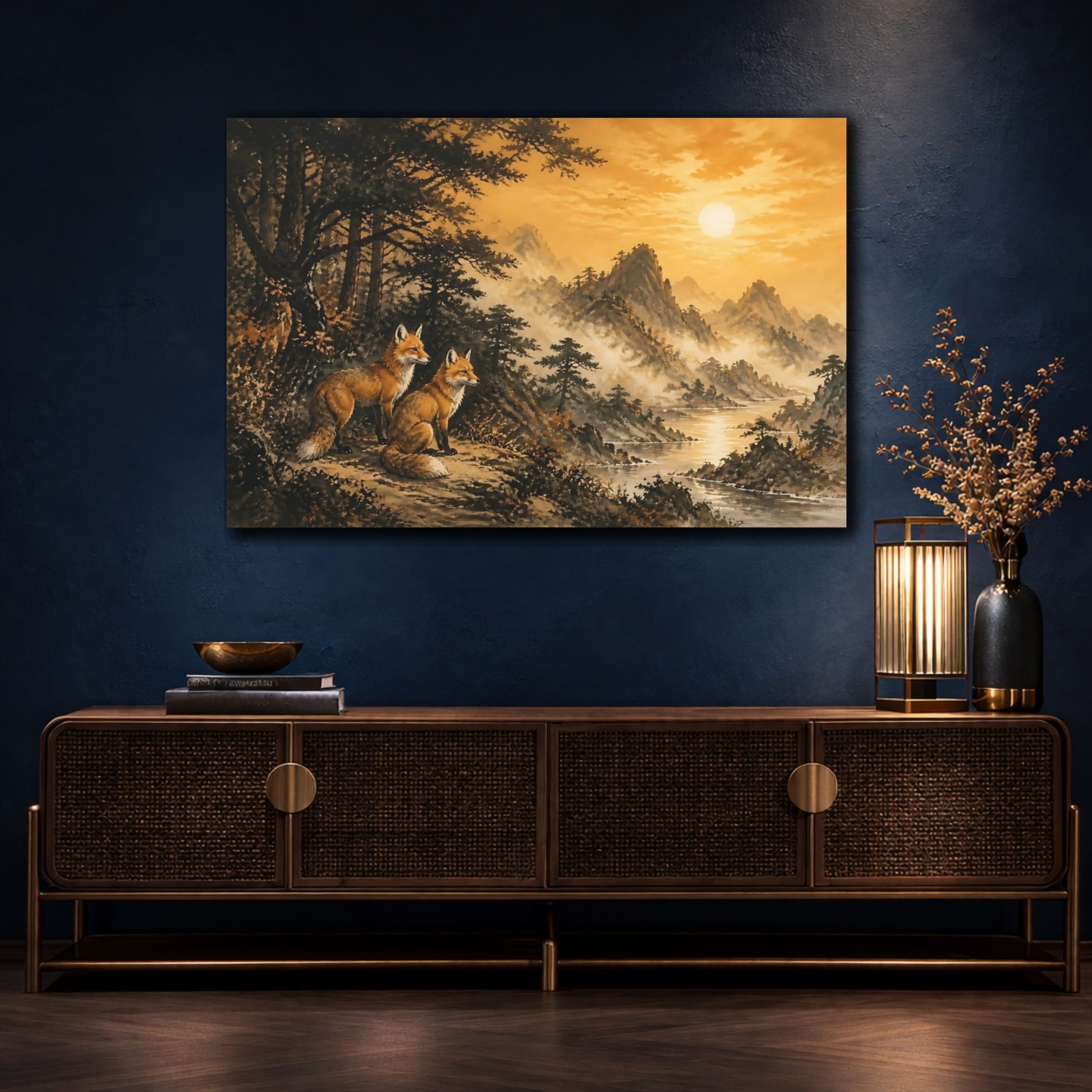 Mockup 4. Sunset Foxes On Ridge shown as canvas print