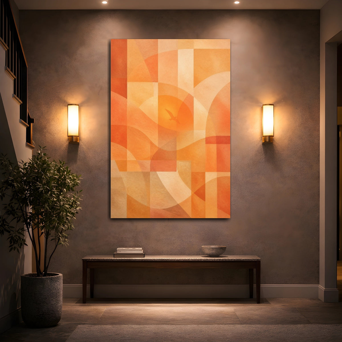 Mockup 2. Sunset Geometry With Bird shown as canvas print