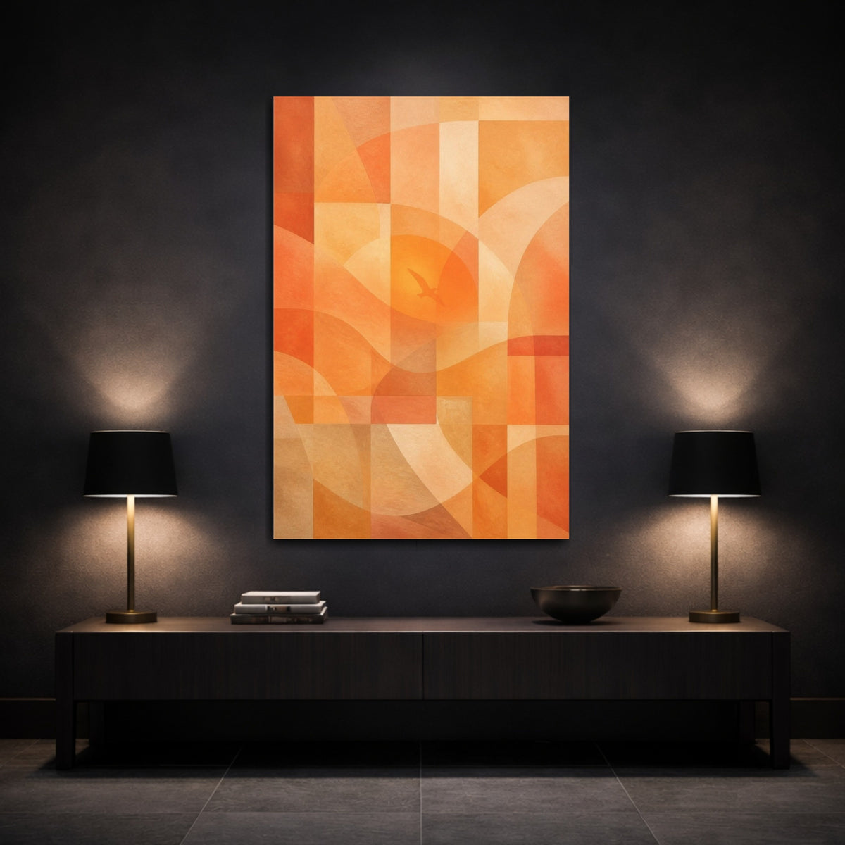 Mockup 3. Sunset Geometry With Bird shown as canvas print