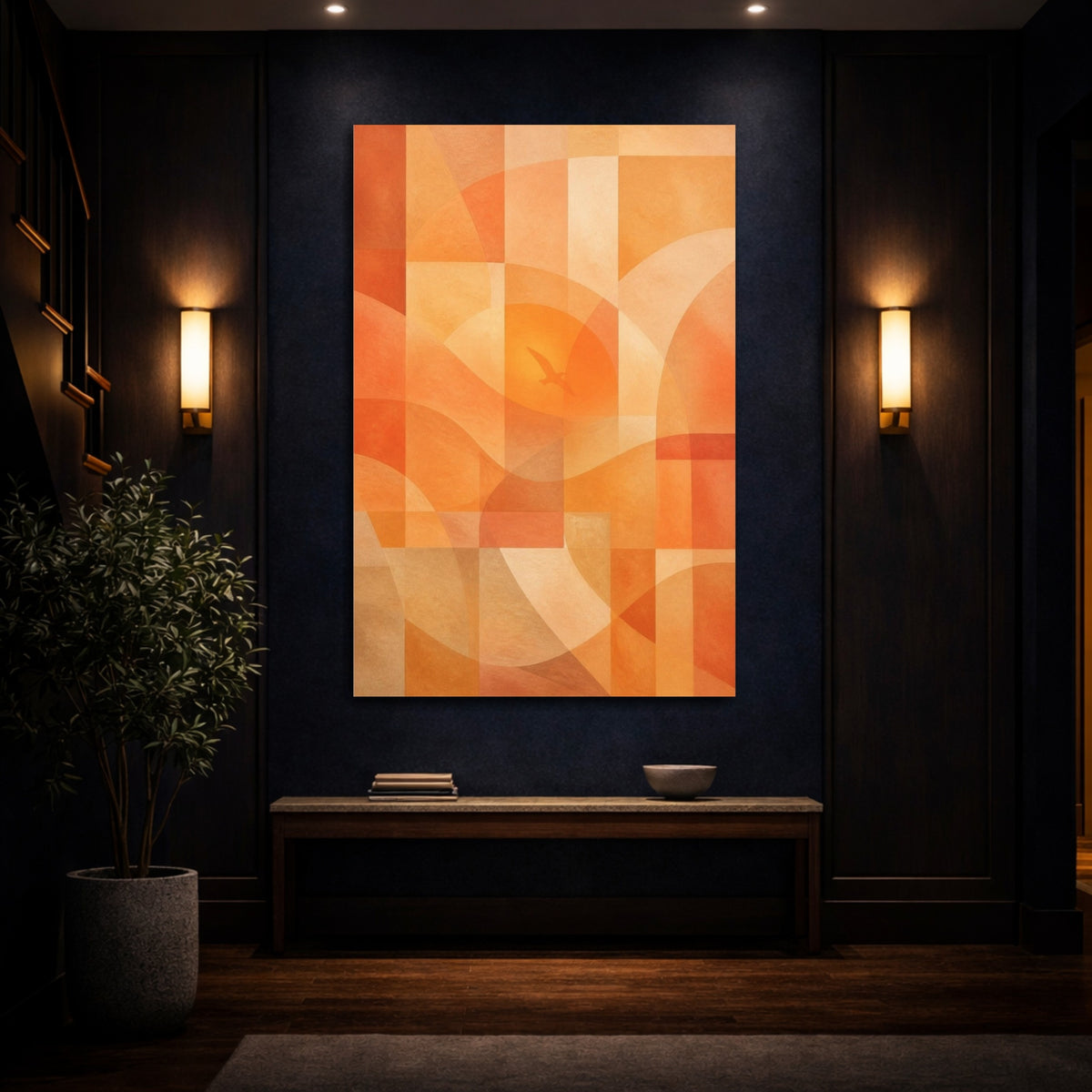 Mockup 4. Sunset Geometry With Bird shown as canvas print