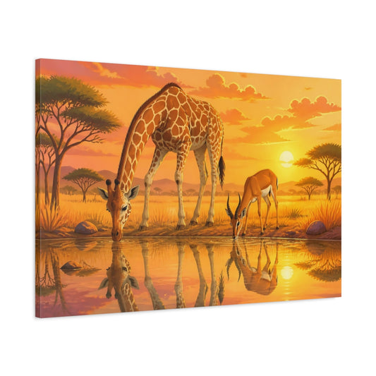 Main Mockup. Sunset Giraffe And Antelope shown as canvas print