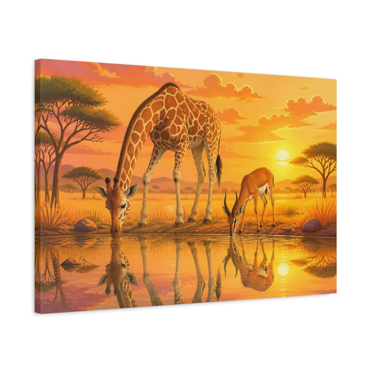 Side Mockup 2. Sunset Giraffe And Antelope shown as canvas print