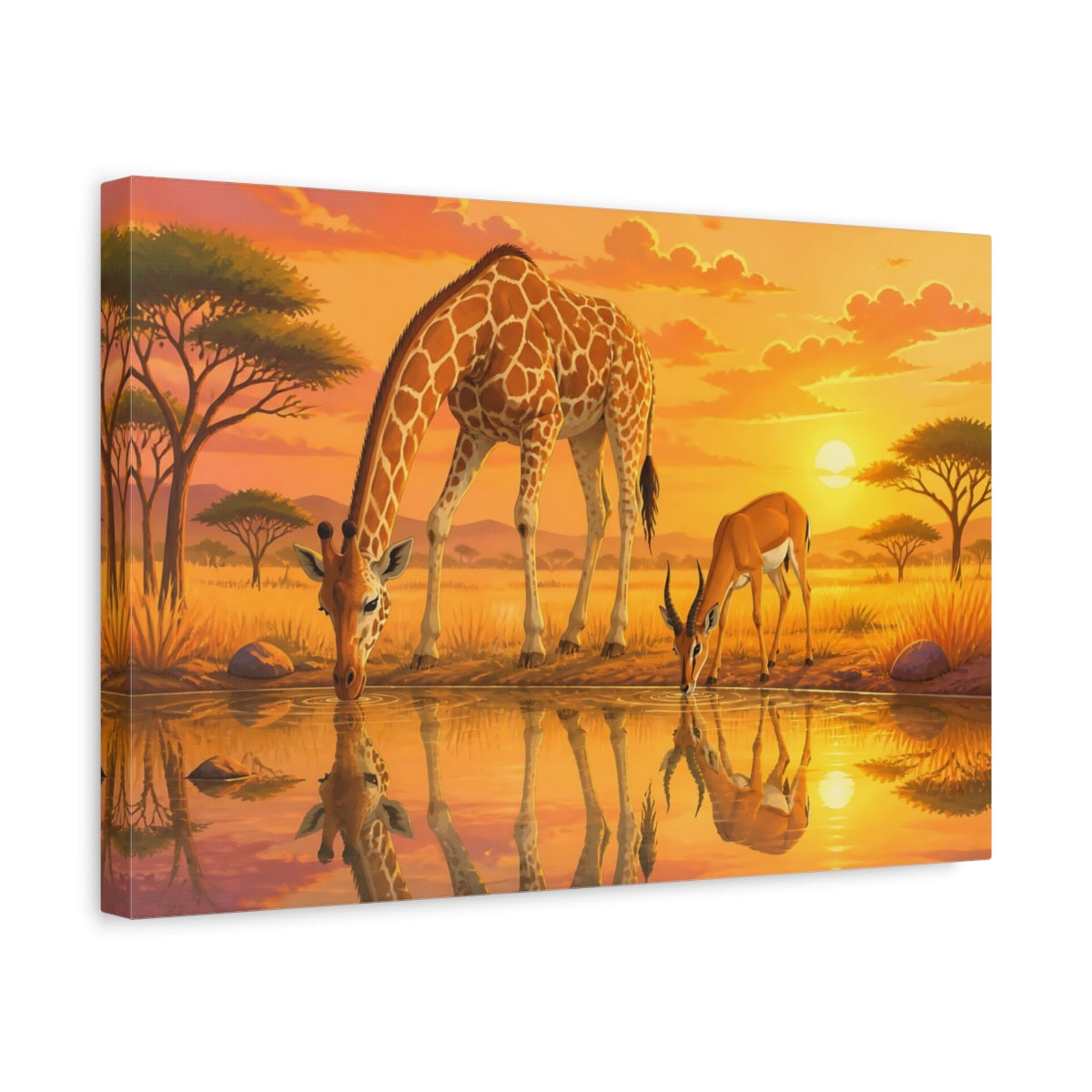 Side Mockup 4. Sunset Giraffe And Antelope shown as canvas print