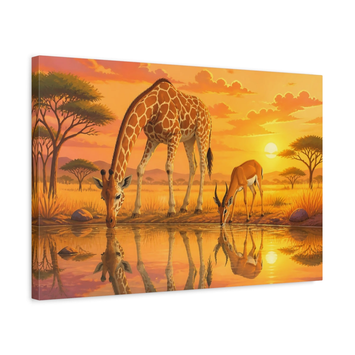 Side Mockup 3. Sunset Giraffe And Antelope shown as canvas print