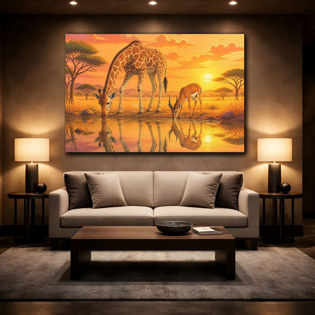 Mockup 2. Sunset Giraffe And Antelope shown as canvas print