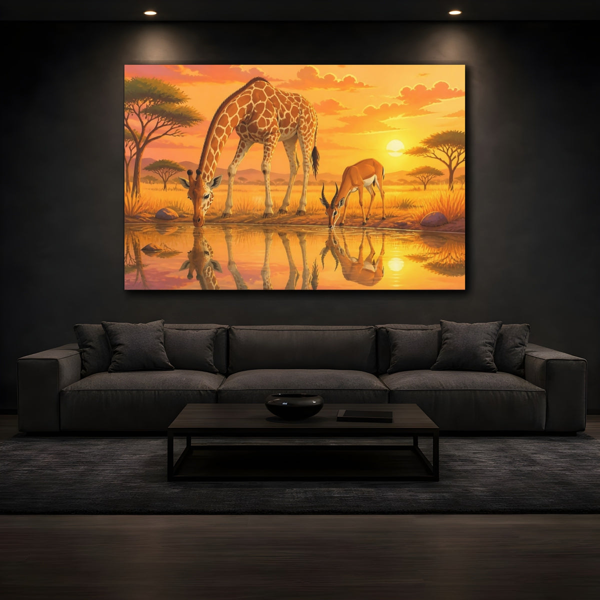 Mockup 3. Sunset Giraffe And Antelope shown as canvas print