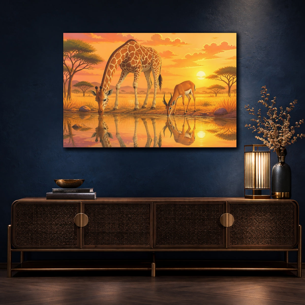 Mockup 4. Sunset Giraffe And Antelope shown as canvas print