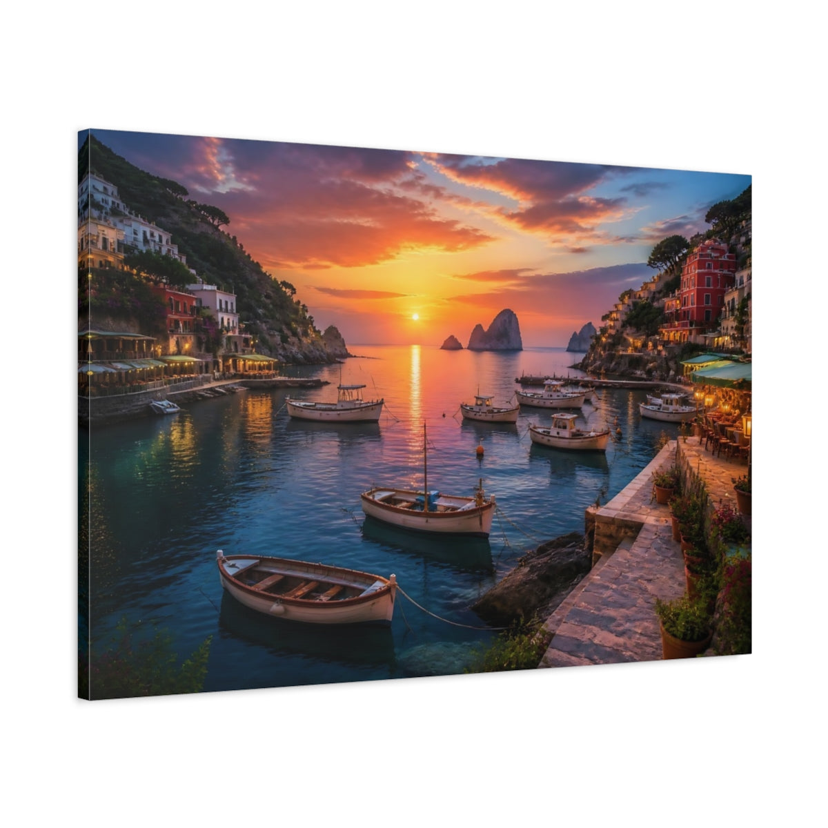 Main Mockup. Sunset Harbor At Dusk shown as canvas print