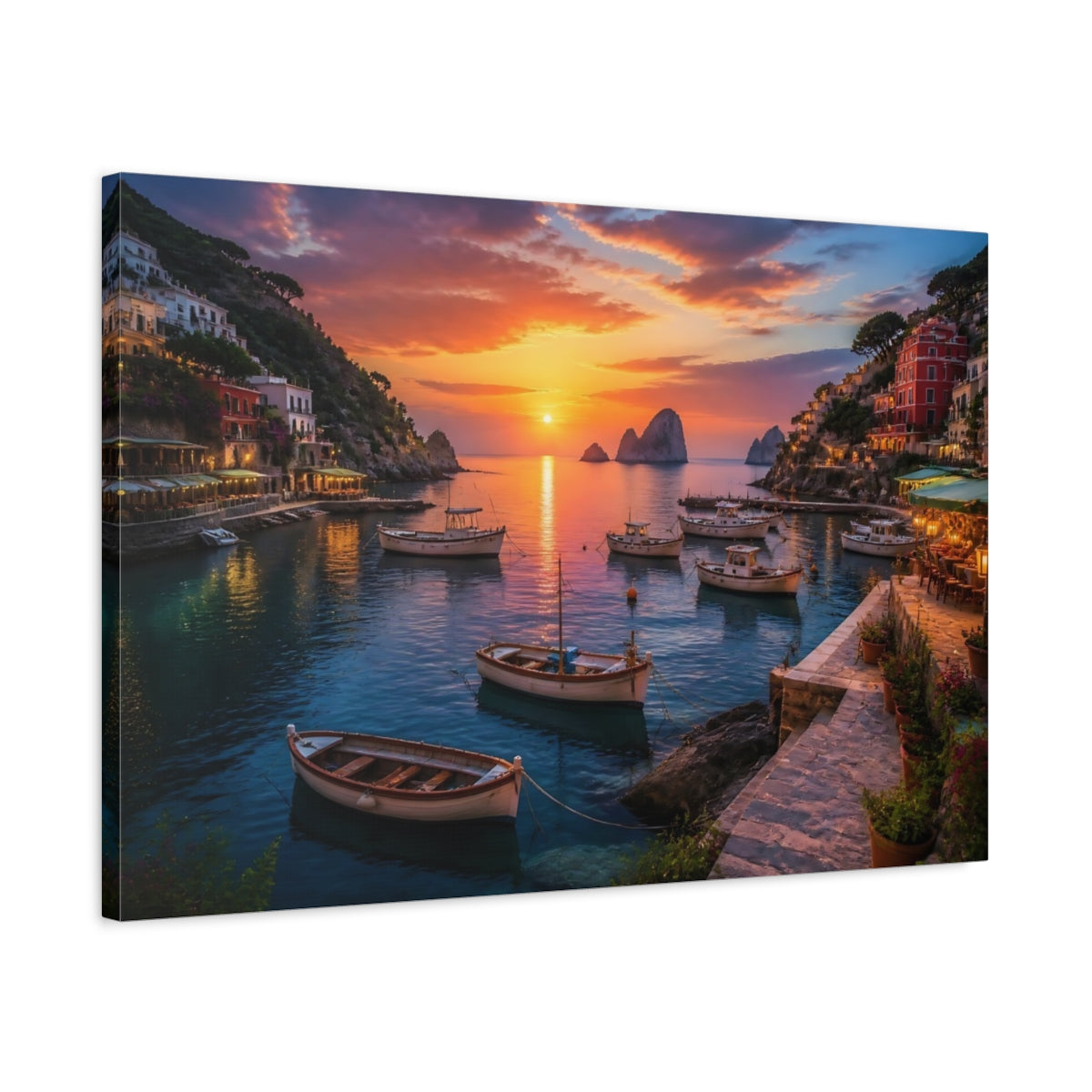 Side Mockup 2. Sunset Harbor At Dusk shown as canvas print
