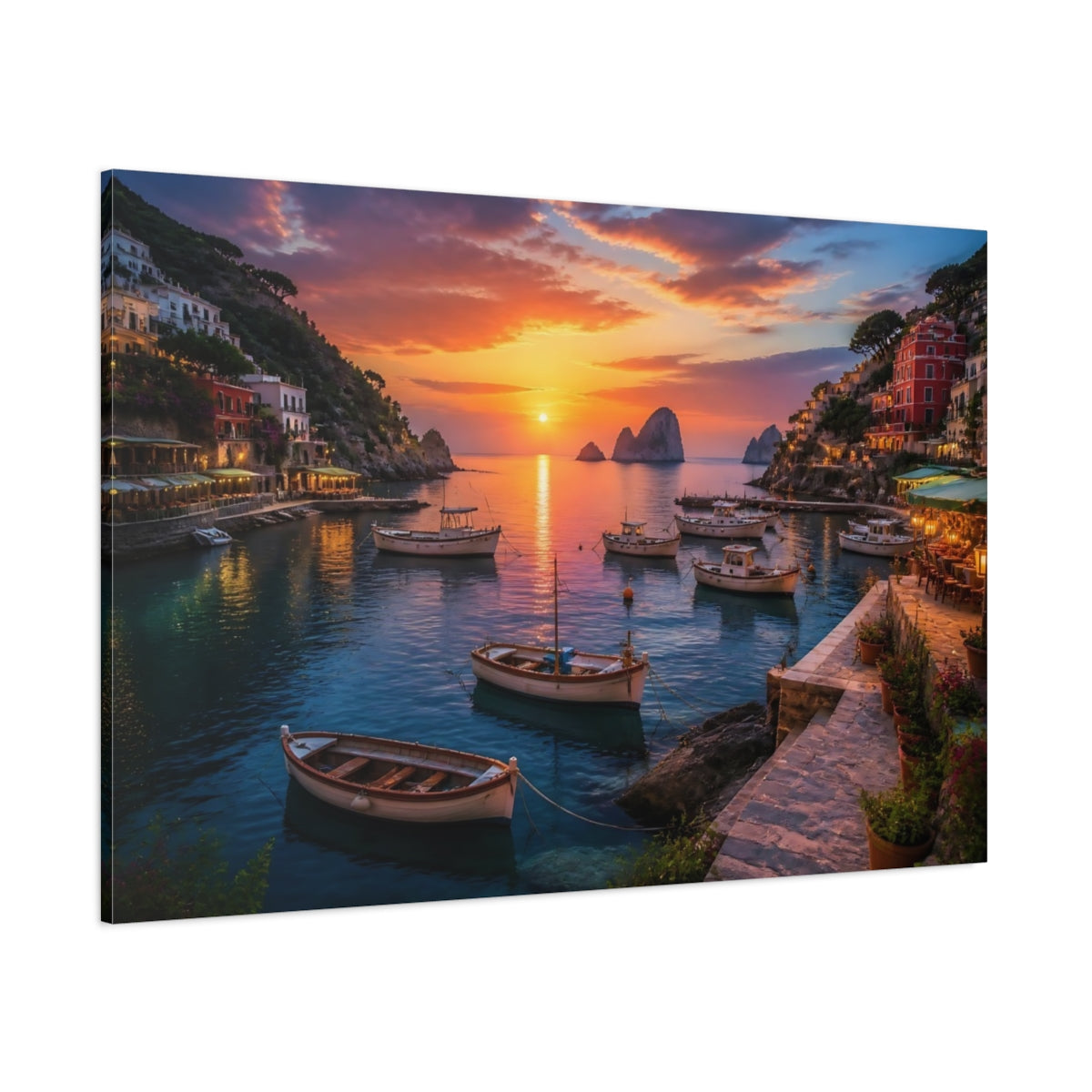 Side Mockup 1. Sunset Harbor At Dusk shown as canvas print