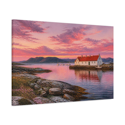 Main Mockup. Sunset Harbor Cottage shown as canvas print