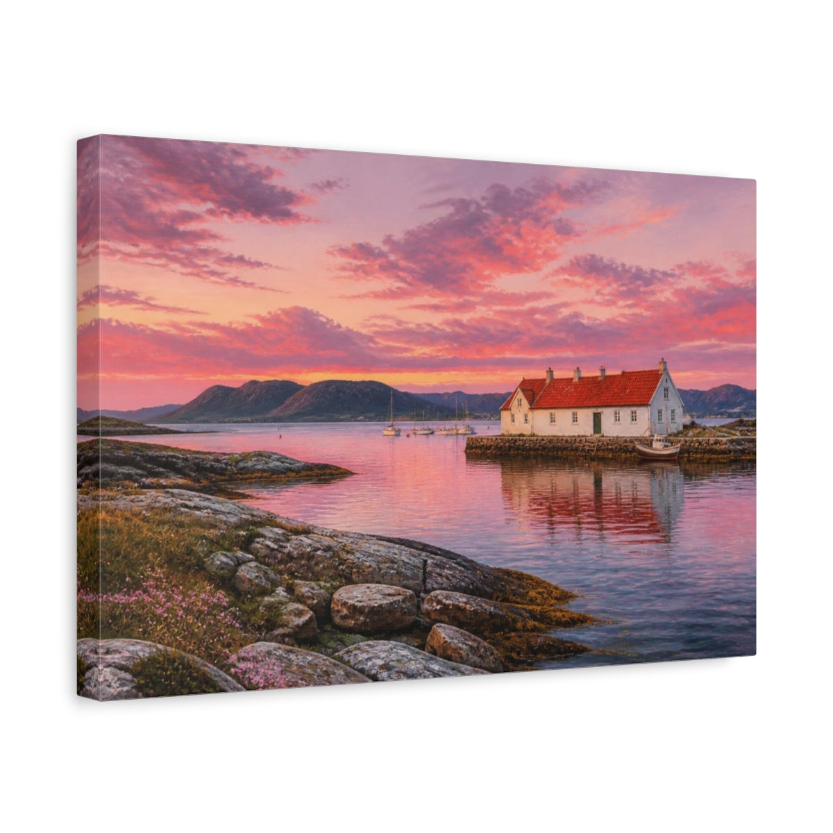 Side Mockup 4. Sunset Harbor Cottage shown as canvas print