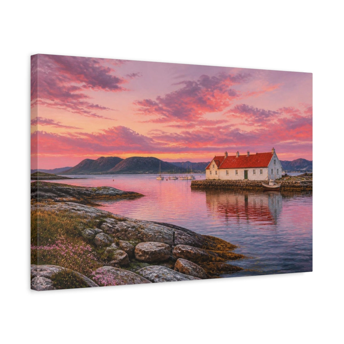 Side Mockup 3. Sunset Harbor Cottage shown as canvas print