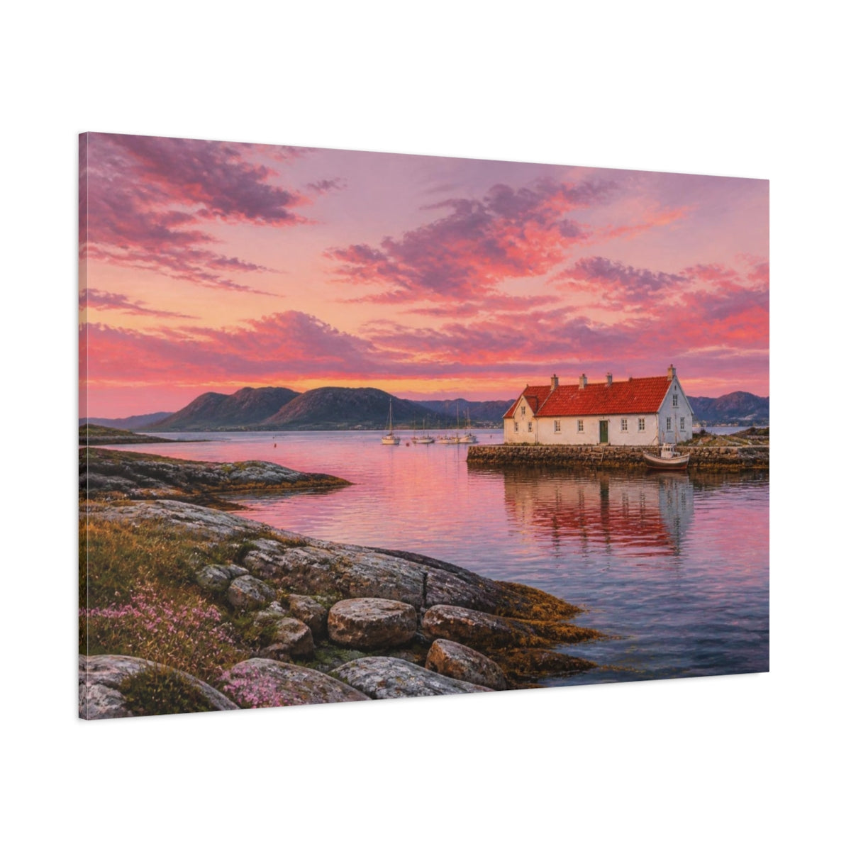 Side Mockup 1. Sunset Harbor Cottage shown as canvas print