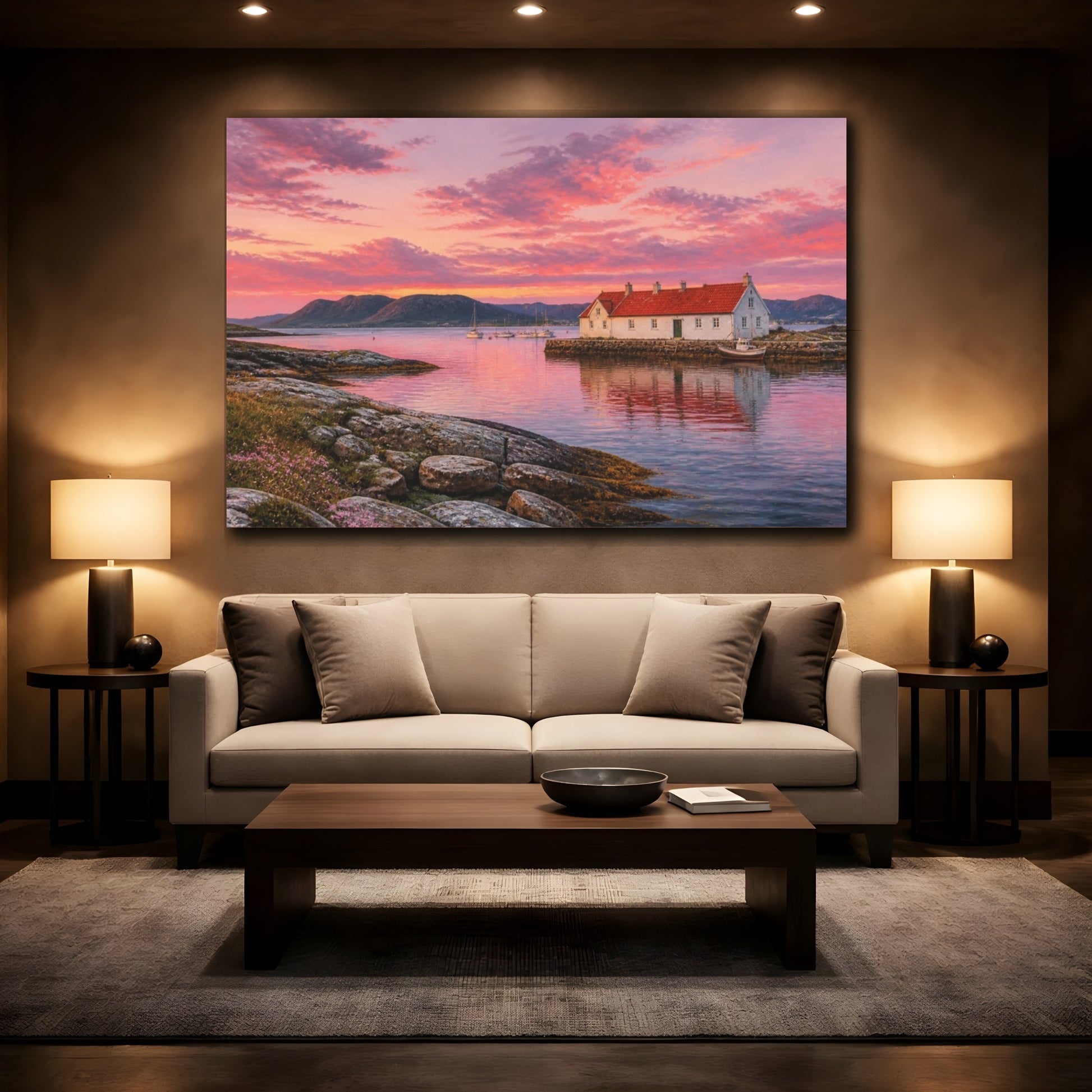 Mockup 2. Sunset Harbor Cottage shown as canvas print