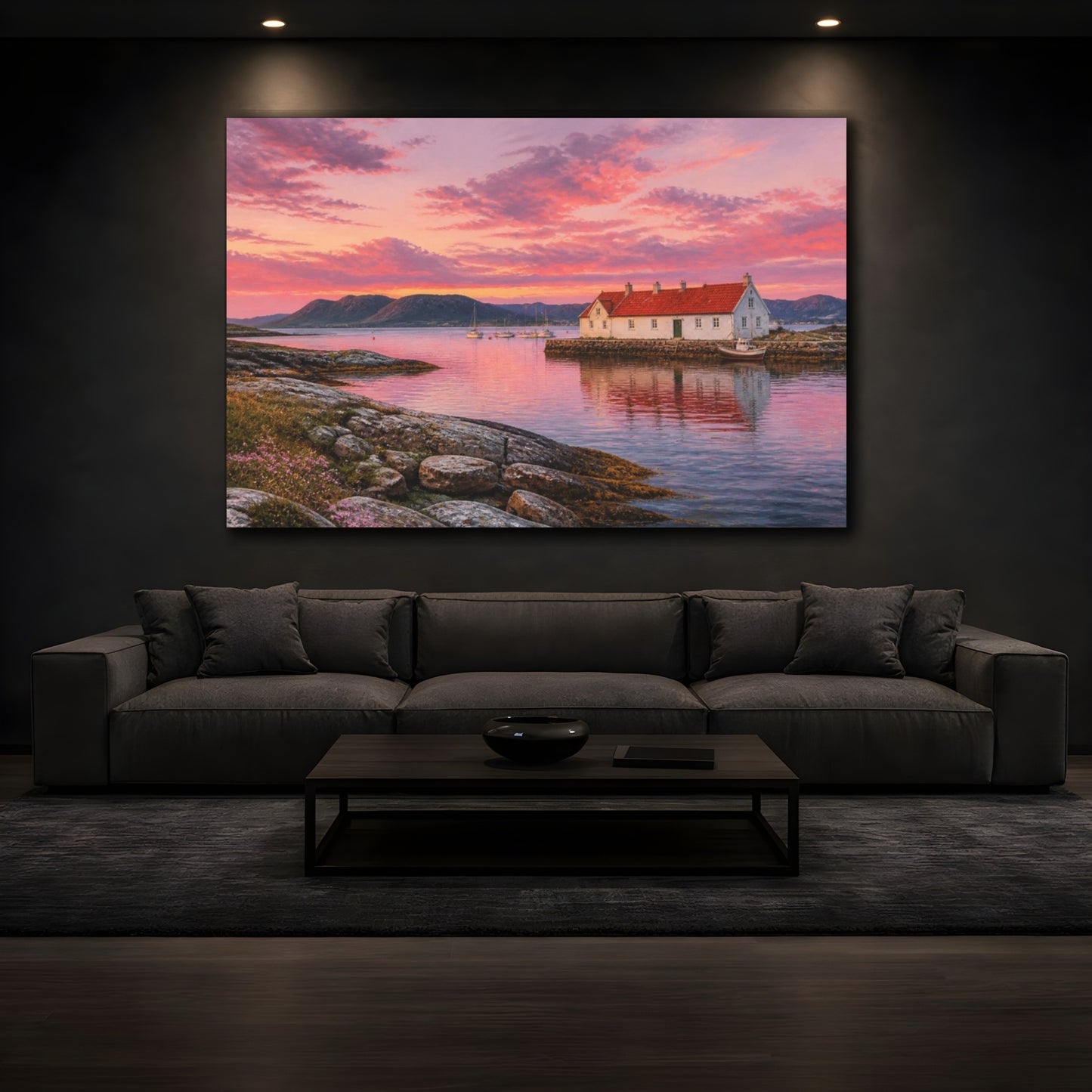 Mockup 3. Sunset Harbor Cottage shown as canvas print