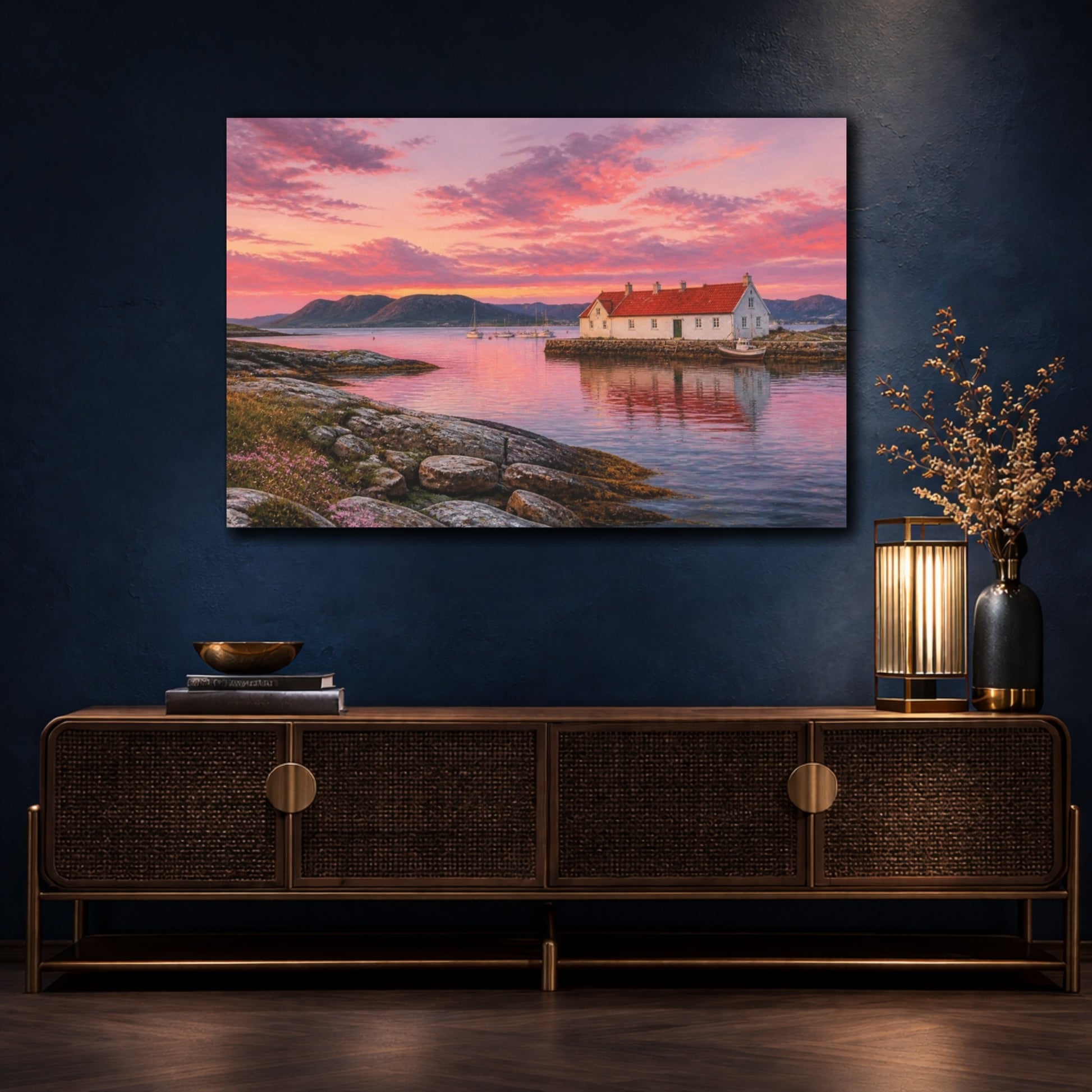 Mockup 4. Sunset Harbor Cottage shown as canvas print