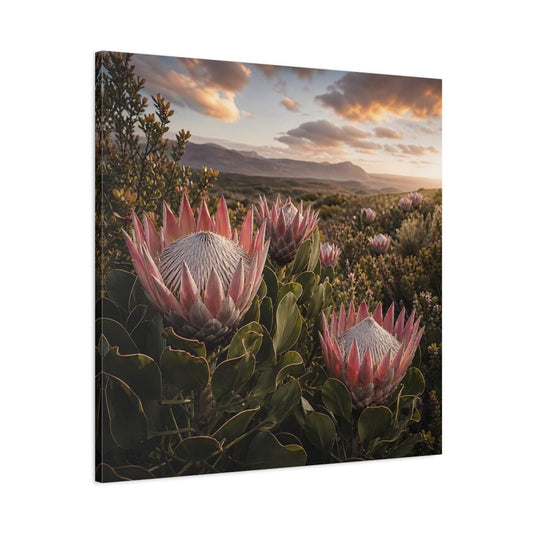 Sunset King Proteas Canvas Print – Living Room, Above Console Table, Pink & Green - YesArtYes