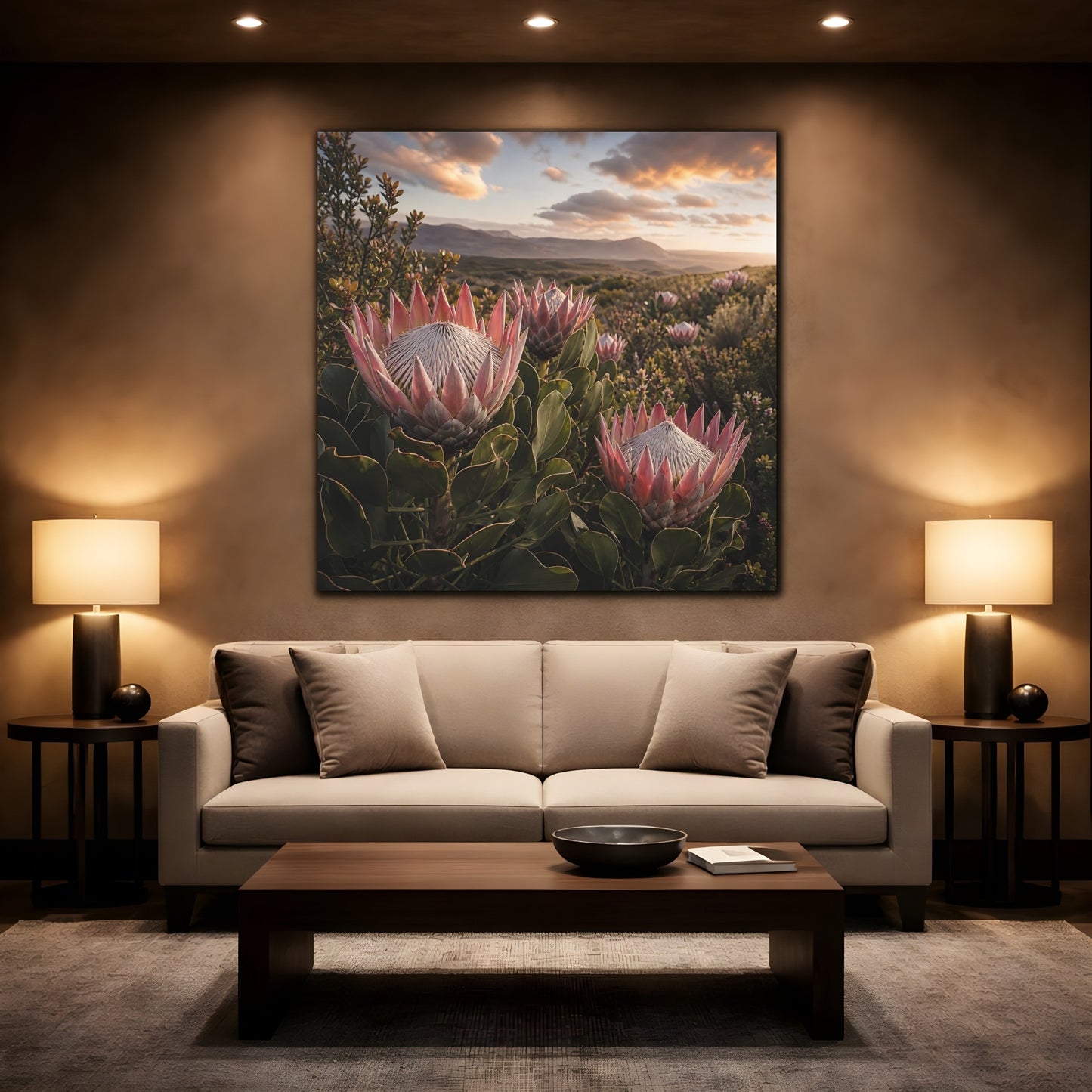 Mockup 2. Sunset King Proteas shown as canvas print