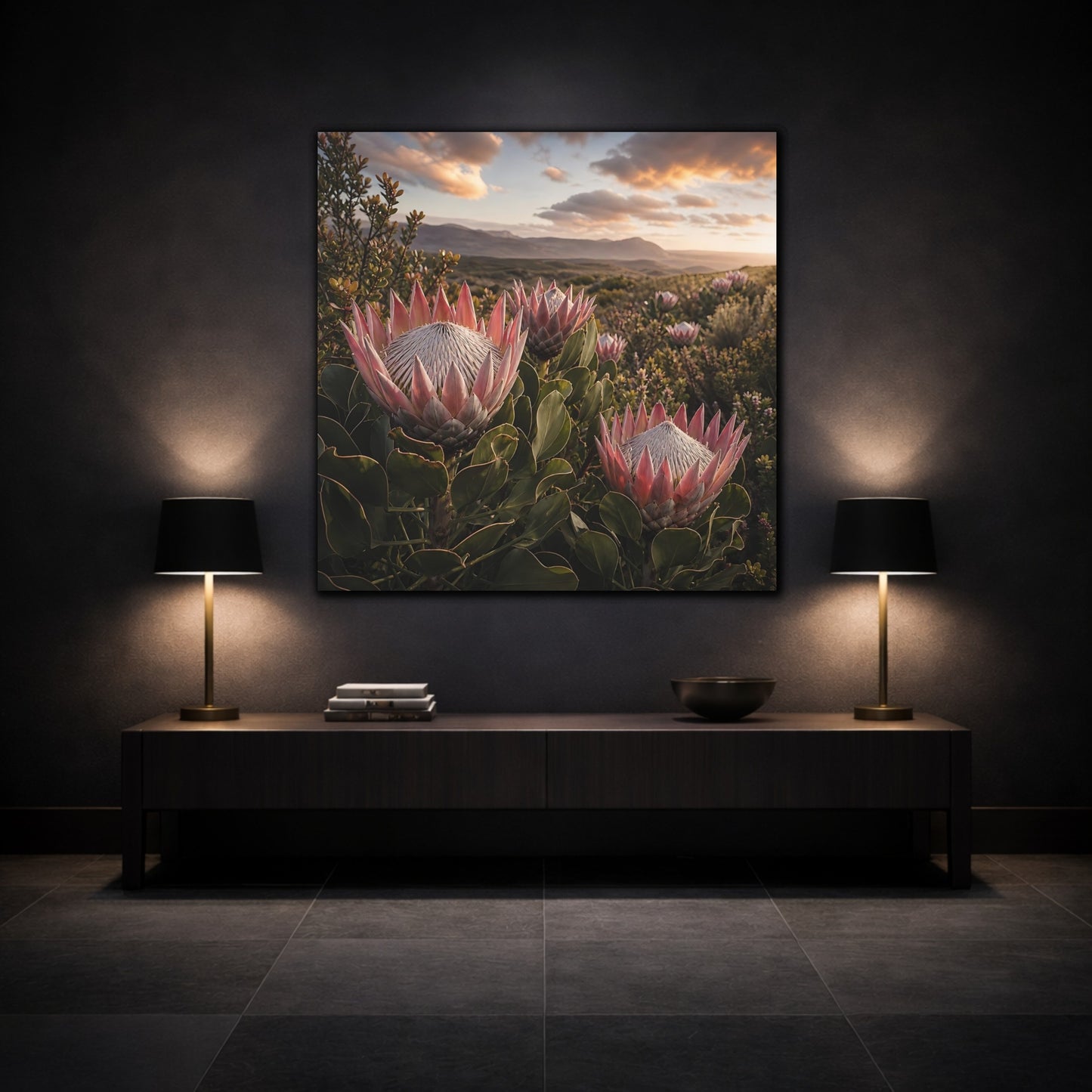 Mockup 3. Sunset King Proteas shown as canvas print