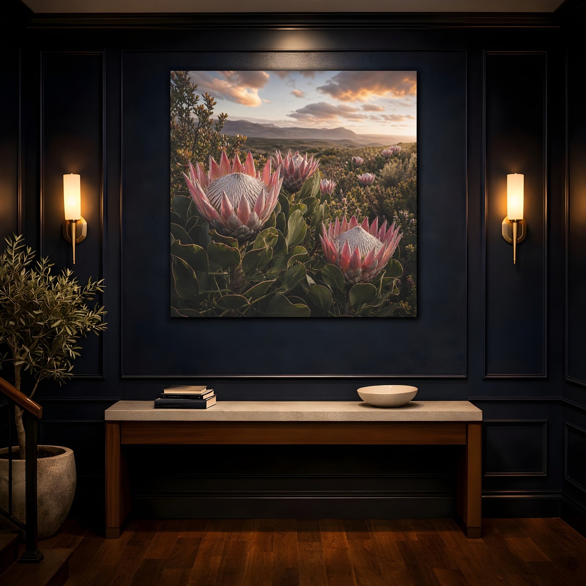 Mockup 4. Sunset King Proteas shown as canvas print