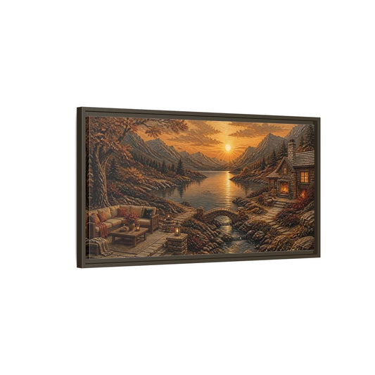 Sunset Lake Cabin Retreat Framed Canvas Print – Living Room, Above Couch - YesArtYes
