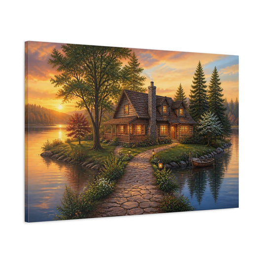 Main Mockup. Sunset Lake Cottage Retreat shown as canvas print
