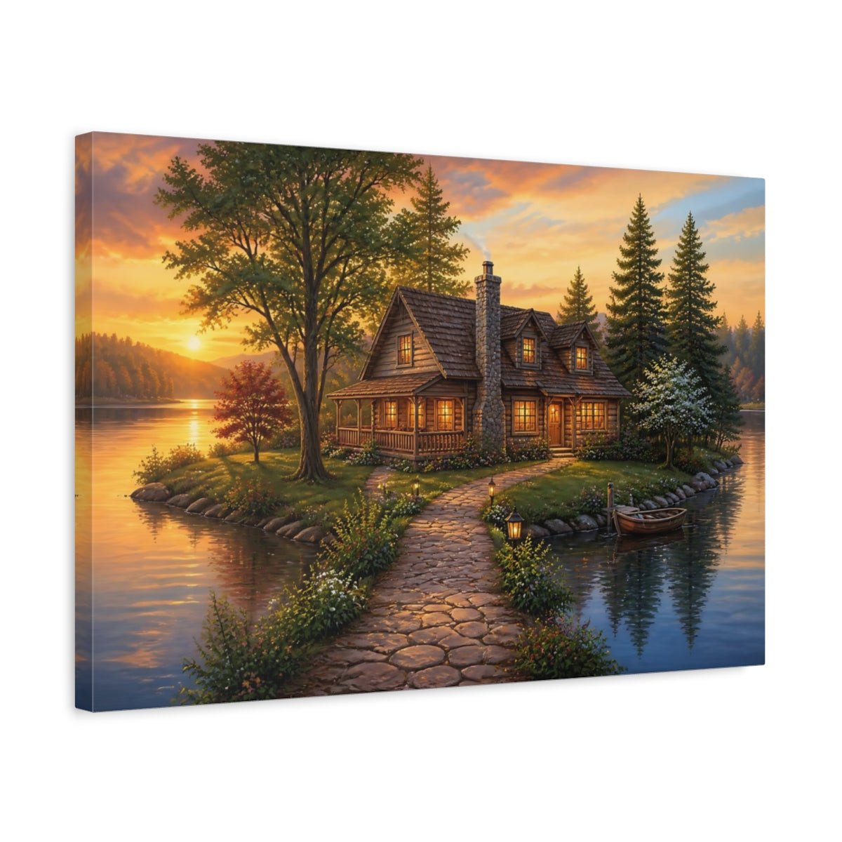 Side Mockup 3. Sunset Lake Cottage Retreat shown as canvas print