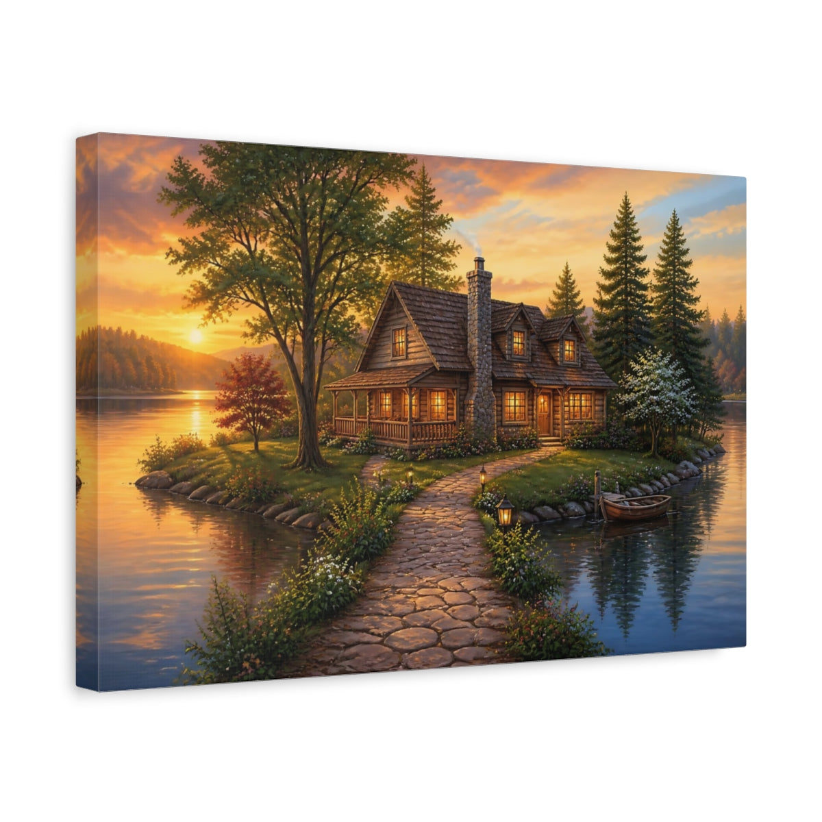Side Mockup 4. Sunset Lake Cottage Retreat shown as canvas print