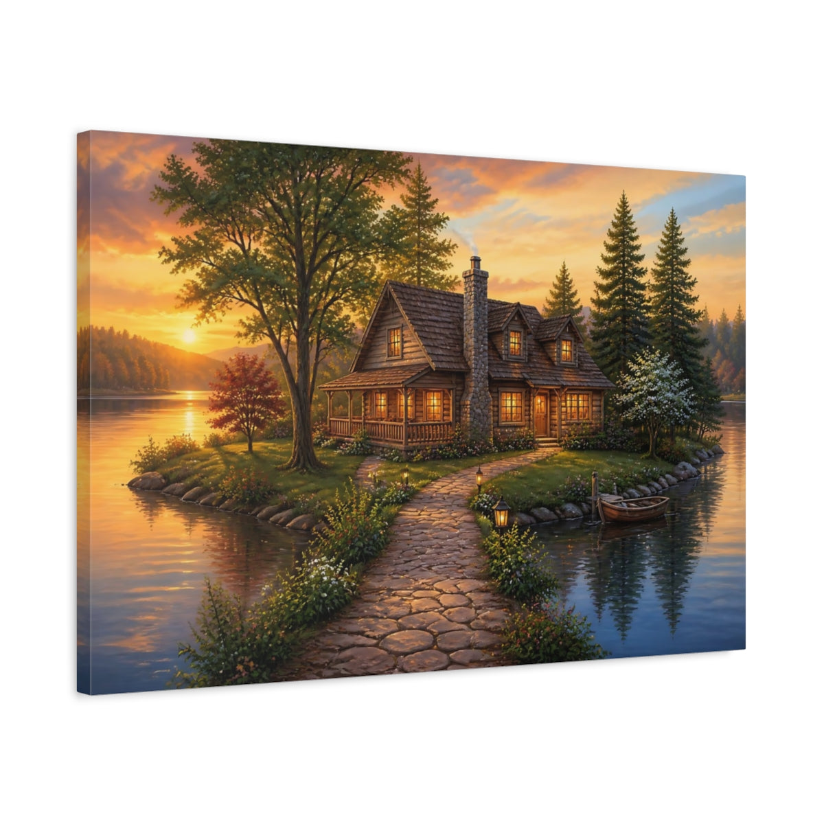 Side Mockup 2. Sunset Lake Cottage Retreat shown as canvas print
