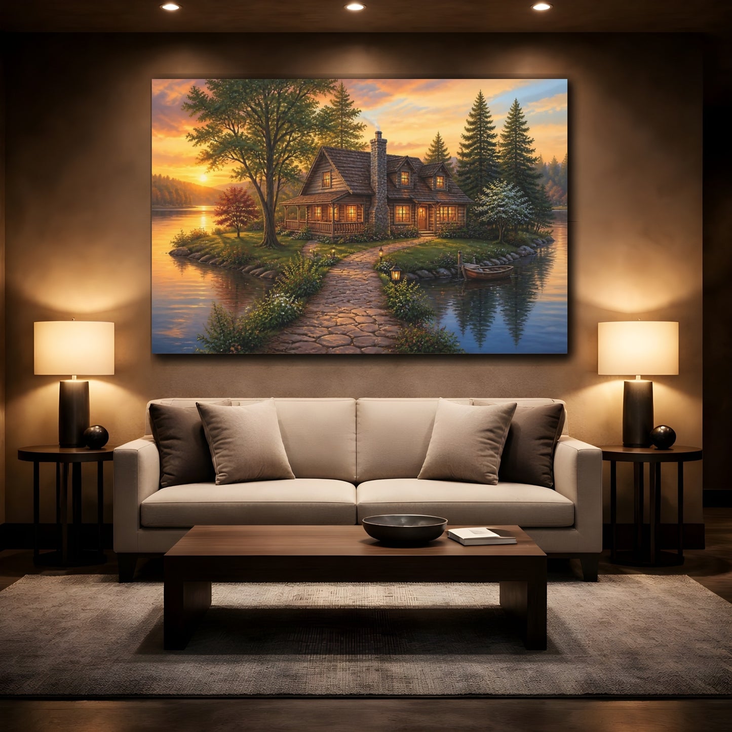 Mockup 2. Sunset Lake Cottage Retreat shown as canvas print