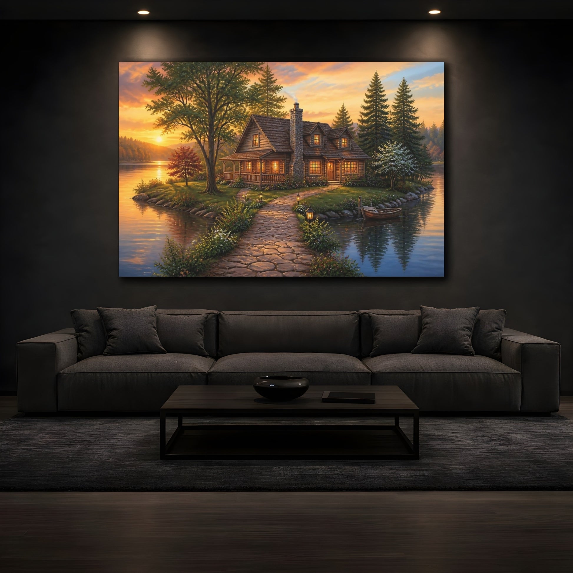 Mockup 3. Sunset Lake Cottage Retreat shown as canvas print